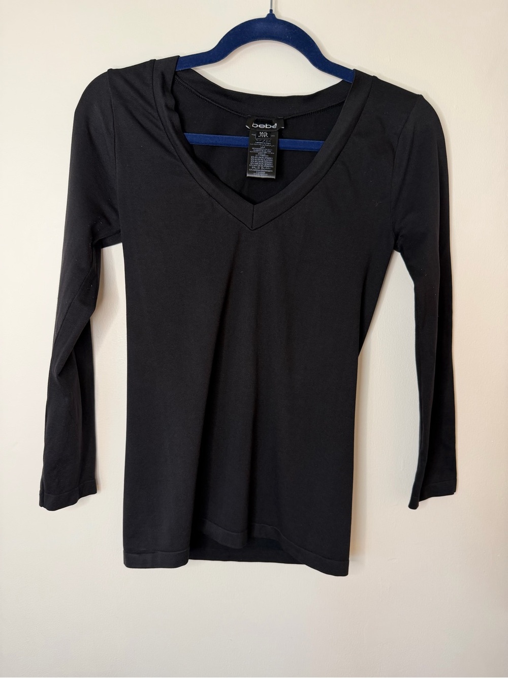 bebe Black V-Neck Long Sleeve Slim Top Size M/L woman’s tee streachy fit fitted